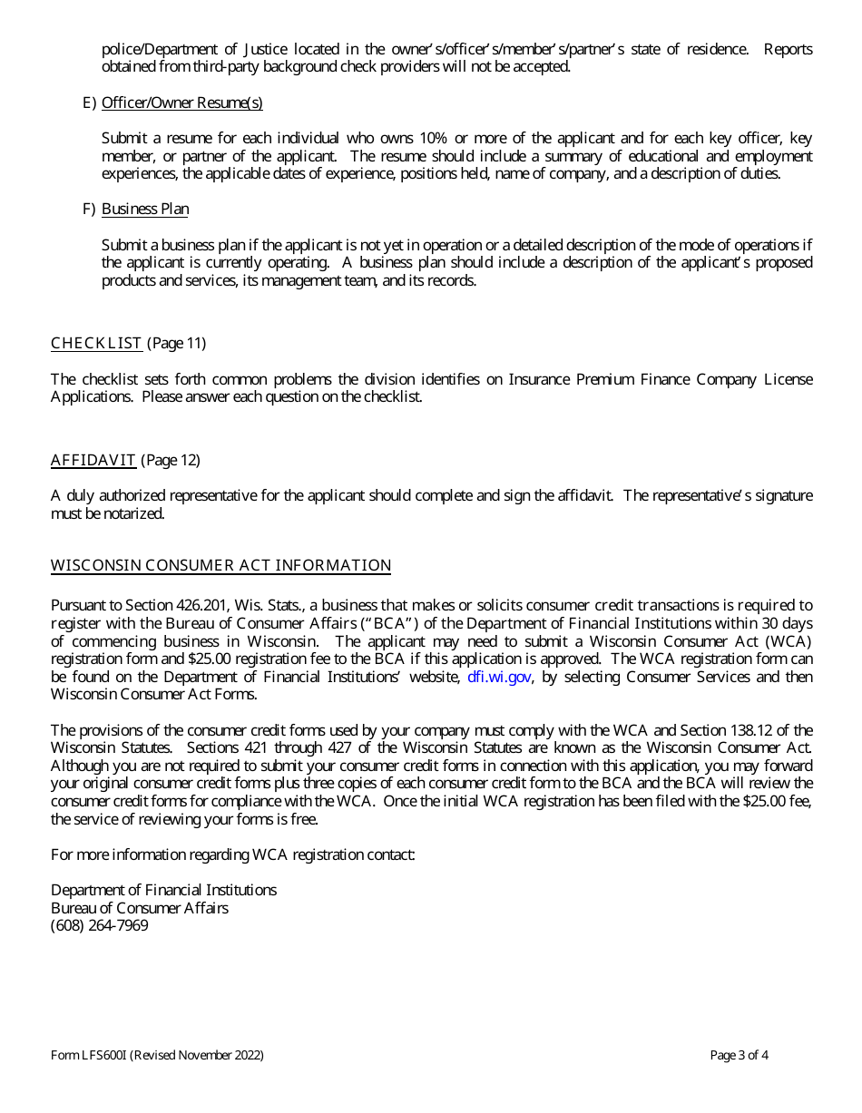 Form LFS600 Insurance Premium Finance Company License Application - Wisconsin, Page 3
