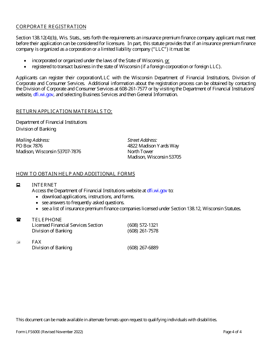 Form LFS600 Insurance Premium Finance Company License Application - Wisconsin, Page 4