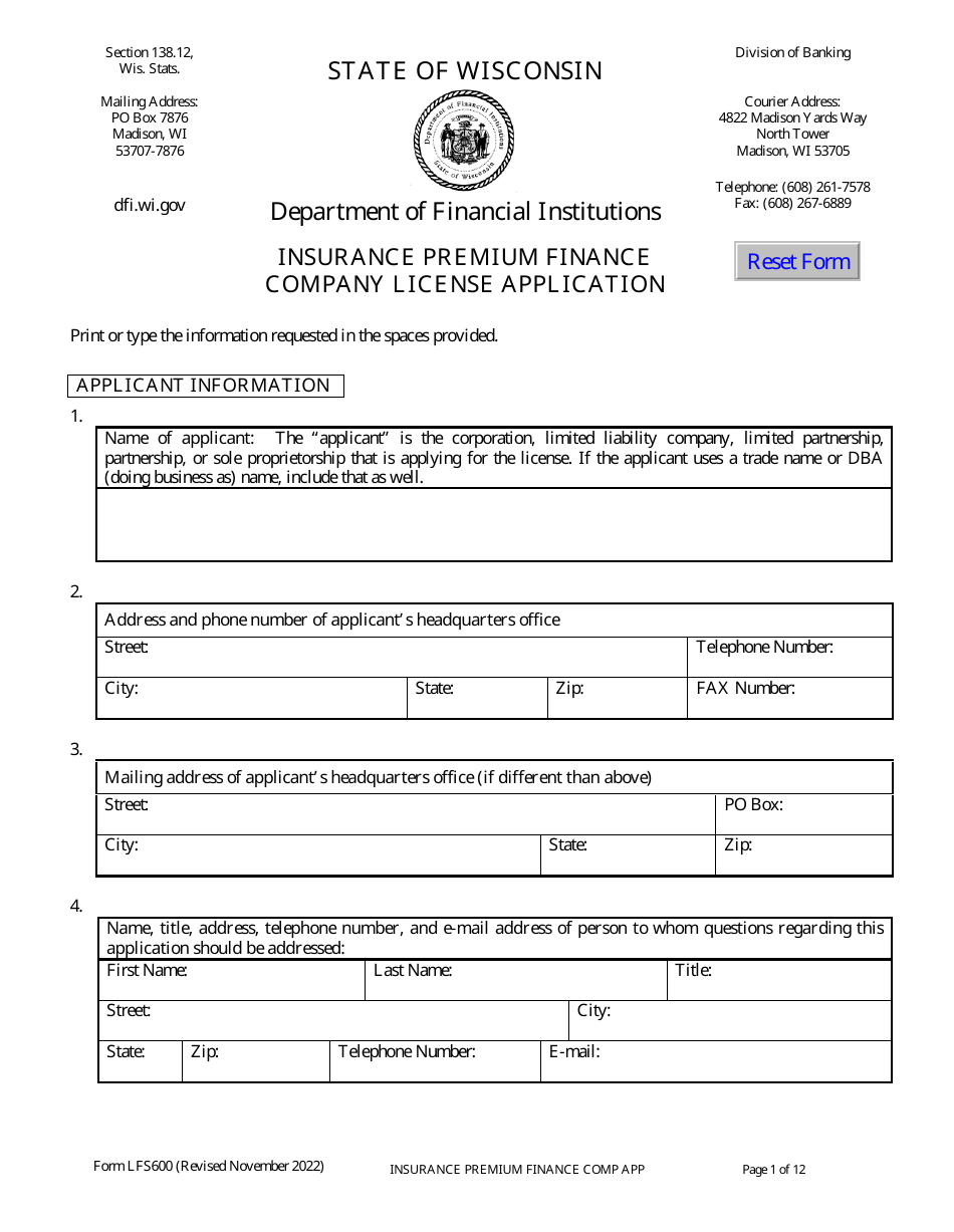 Form LFS600 Insurance Premium Finance Company License Application - Wisconsin, Page 5