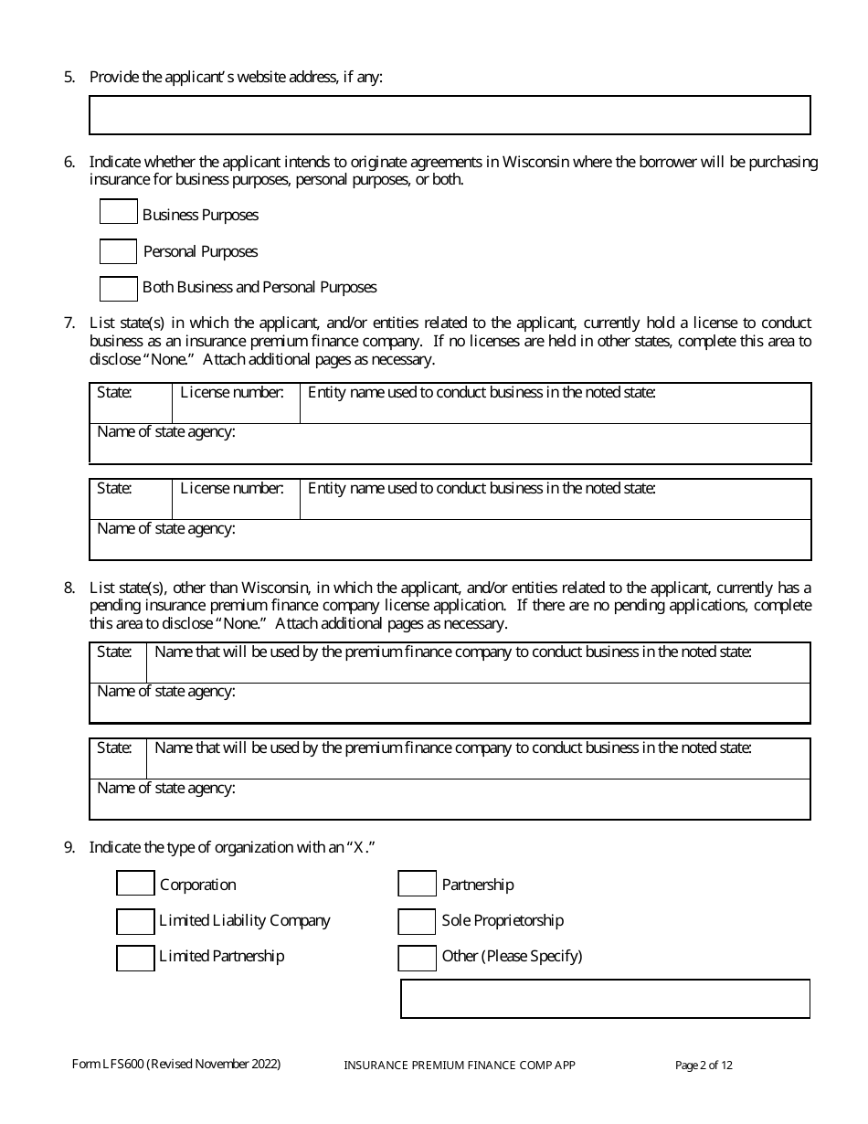 Form LFS600 Insurance Premium Finance Company License Application - Wisconsin, Page 6
