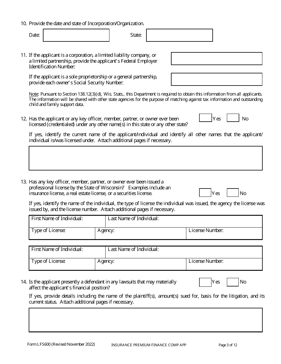 Form LFS600 Insurance Premium Finance Company License Application - Wisconsin, Page 7