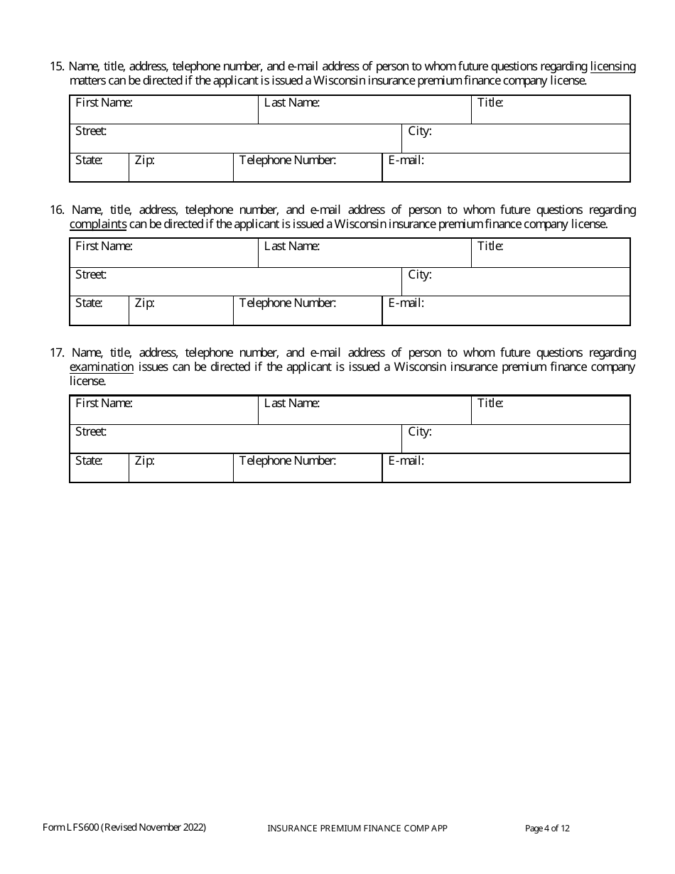 Form LFS600 Insurance Premium Finance Company License Application - Wisconsin, Page 8