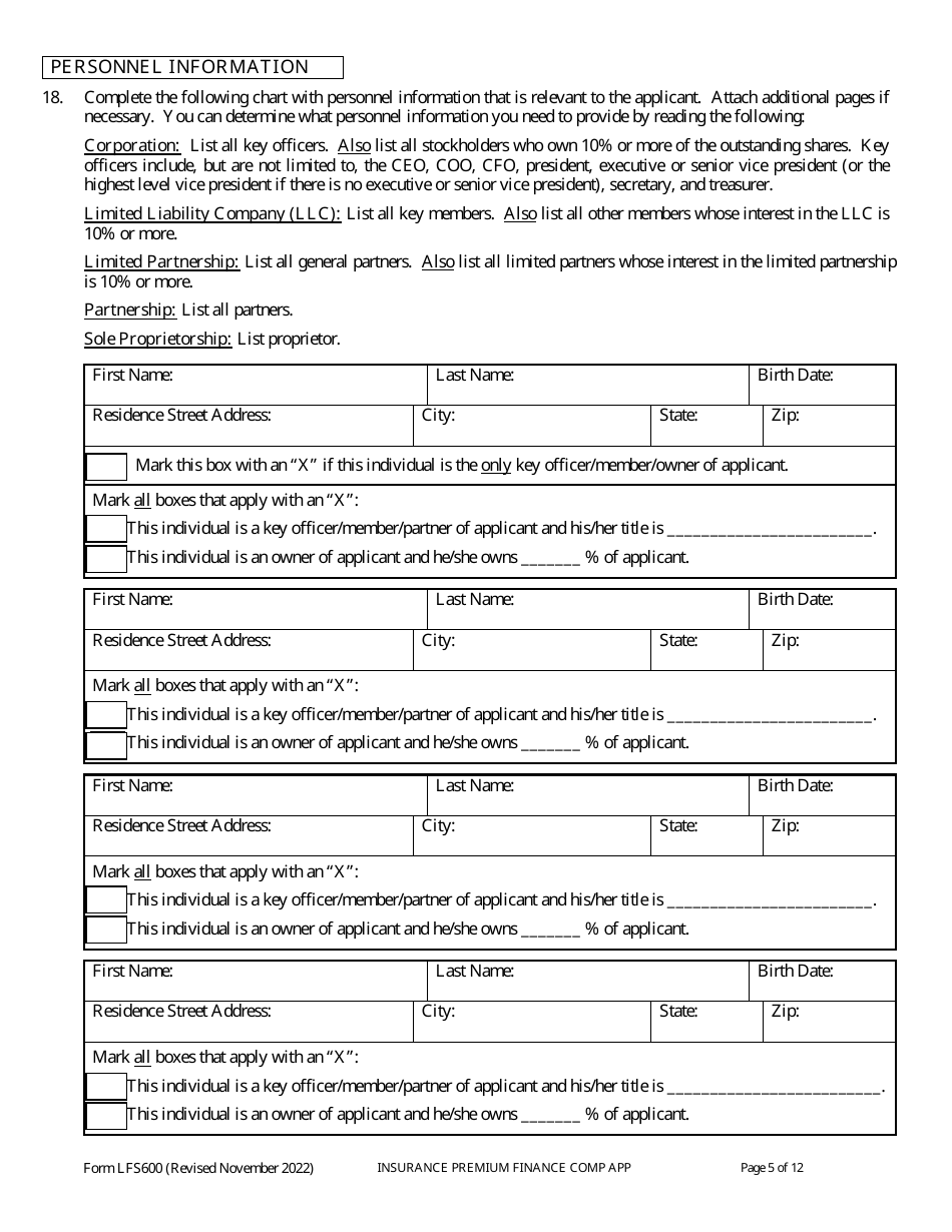 Form LFS600 Insurance Premium Finance Company License Application - Wisconsin, Page 9