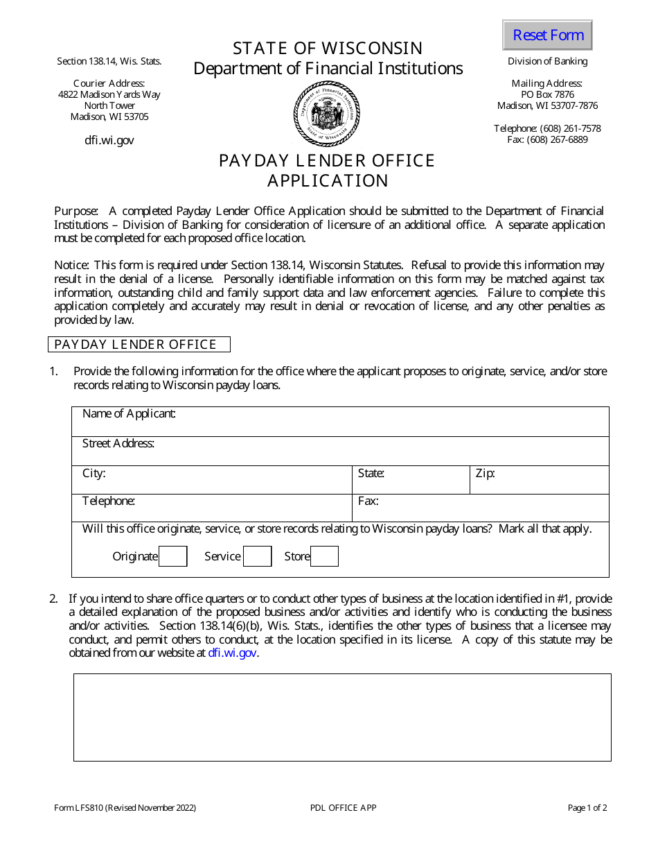 Form LFS810 Fill Out, Sign Online and Download Fillable PDF