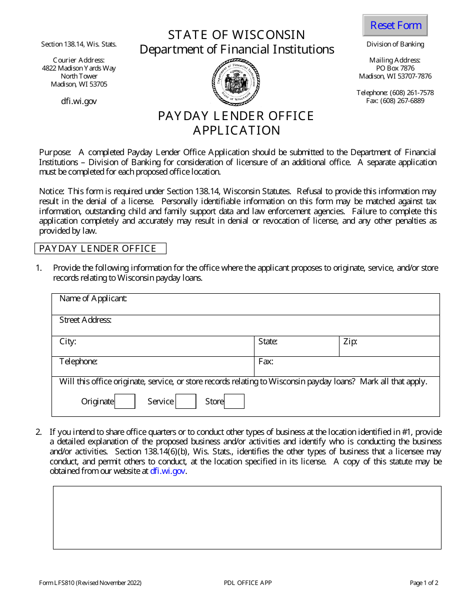 Form LFS810 Payday Lender Office Application - Wisconsin, Page 1