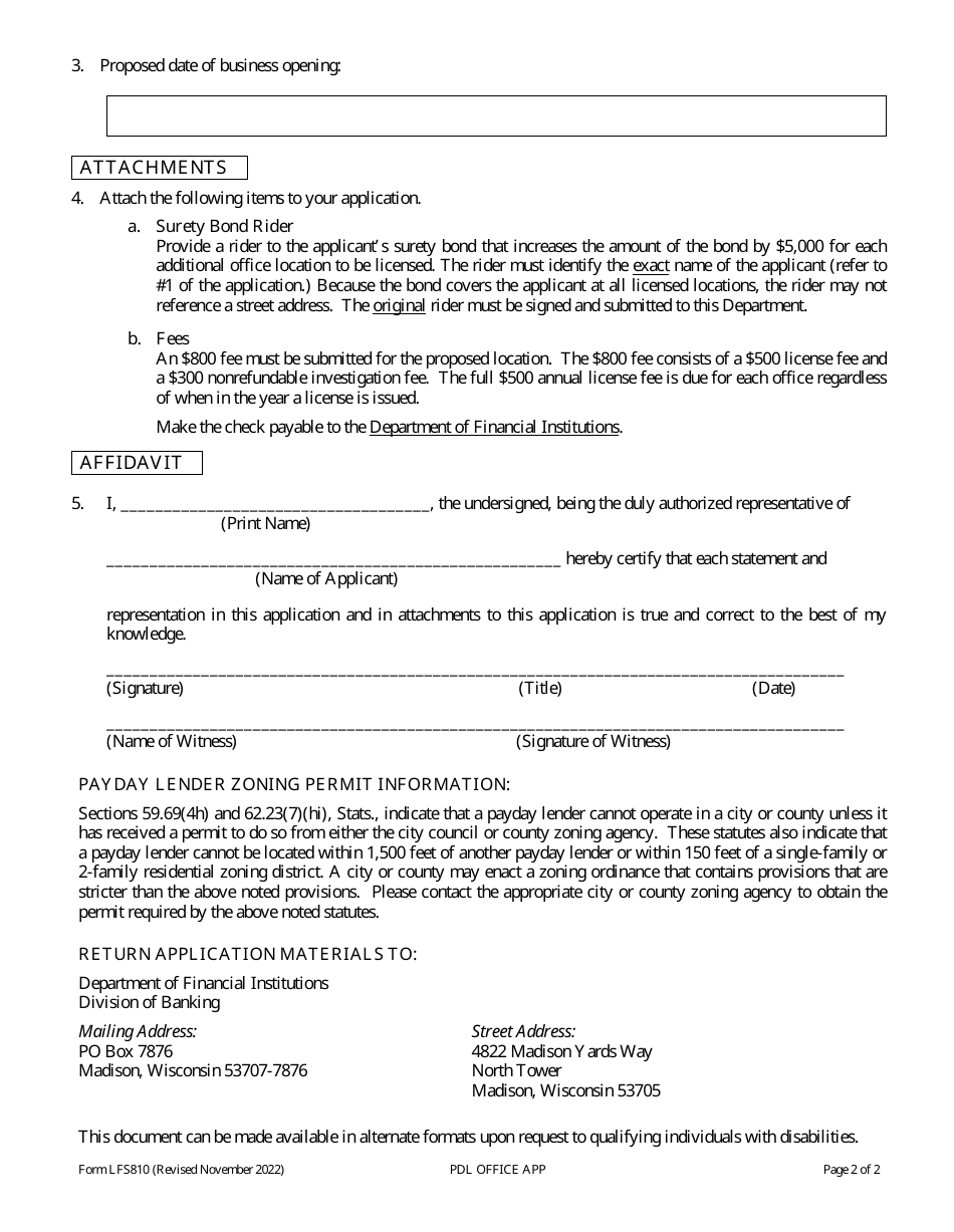 Form LFS810 Payday Lender Office Application - Wisconsin, Page 2