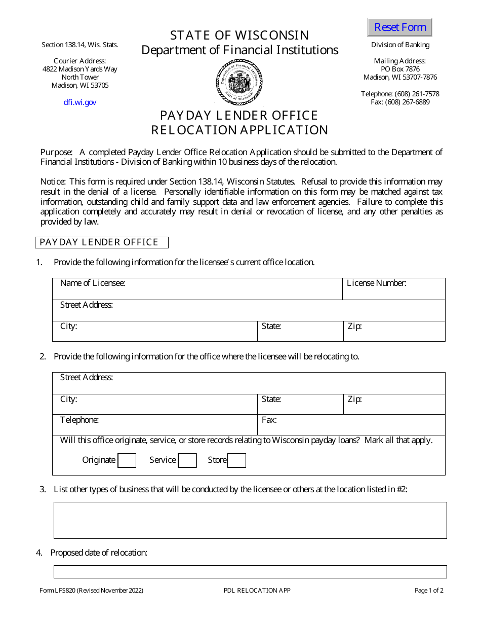 Form LFS820 Payday Lender Office Relocation Application - Wisconsin, Page 1