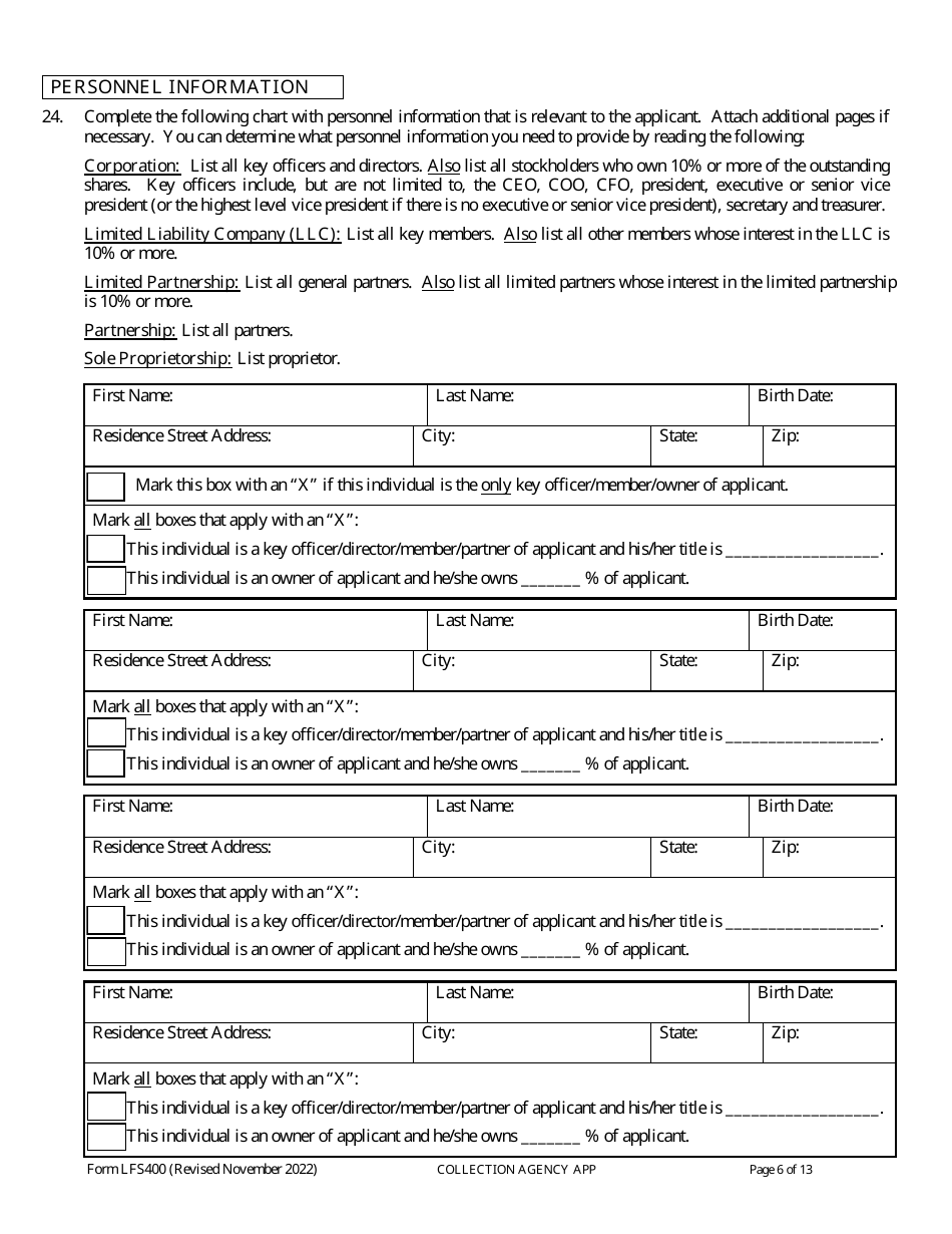 Form LFS400 Collection Agency License Application - Wisconsin, Page 10