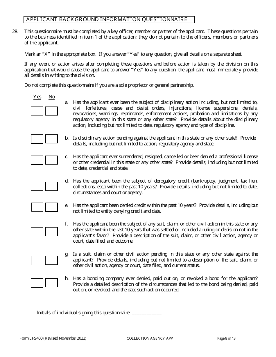 Form LFS400 Collection Agency License Application - Wisconsin, Page 12