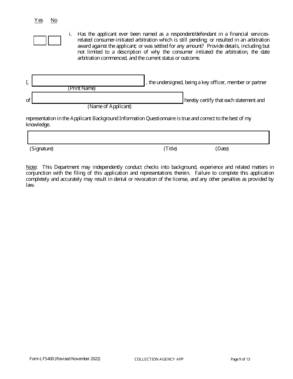 Form LFS400 Collection Agency License Application - Wisconsin, Page 13