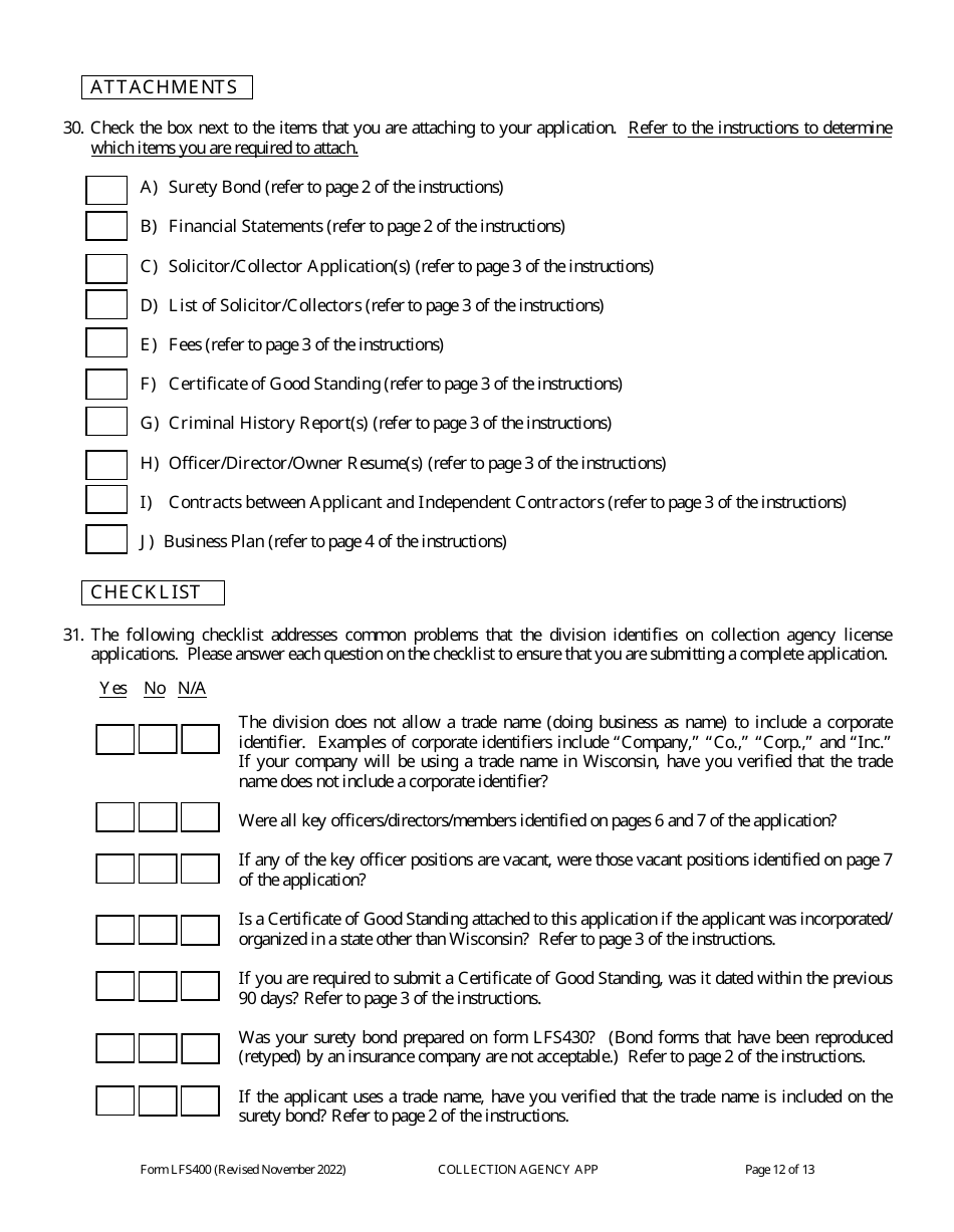 Form LFS400 Collection Agency License Application - Wisconsin, Page 16