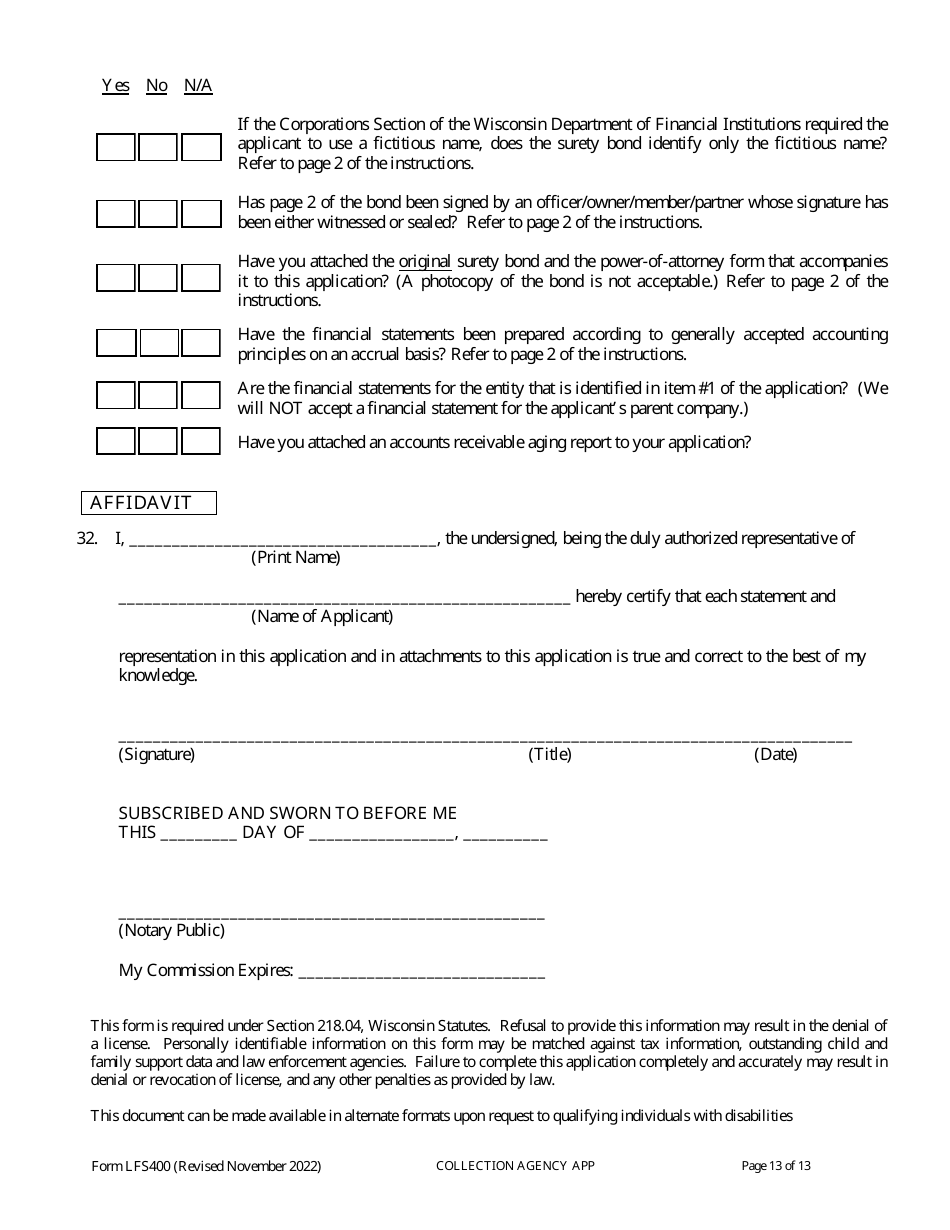 Form LFS400 Collection Agency License Application - Wisconsin, Page 17