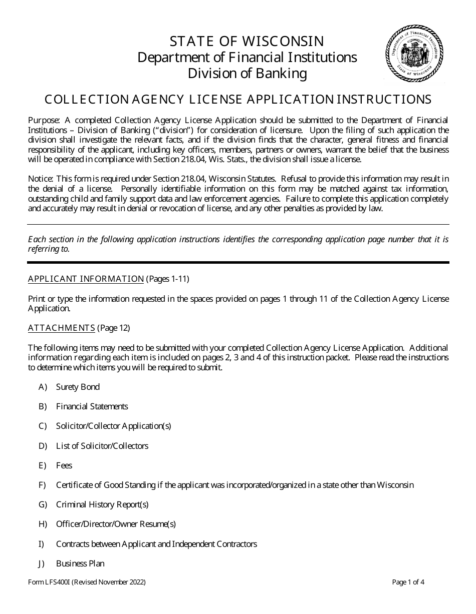 Form LFS400 Collection Agency License Application - Wisconsin, Page 1
