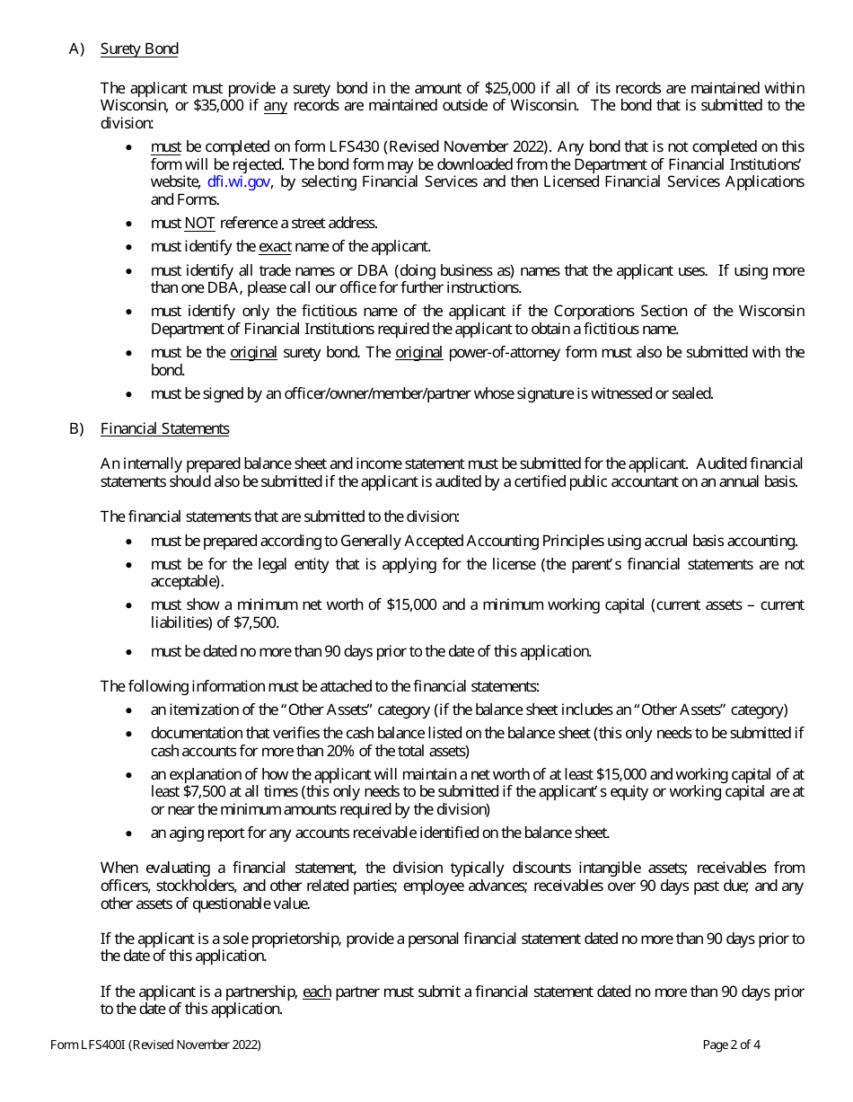 Form LFS400 Collection Agency License Application - Wisconsin, Page 2