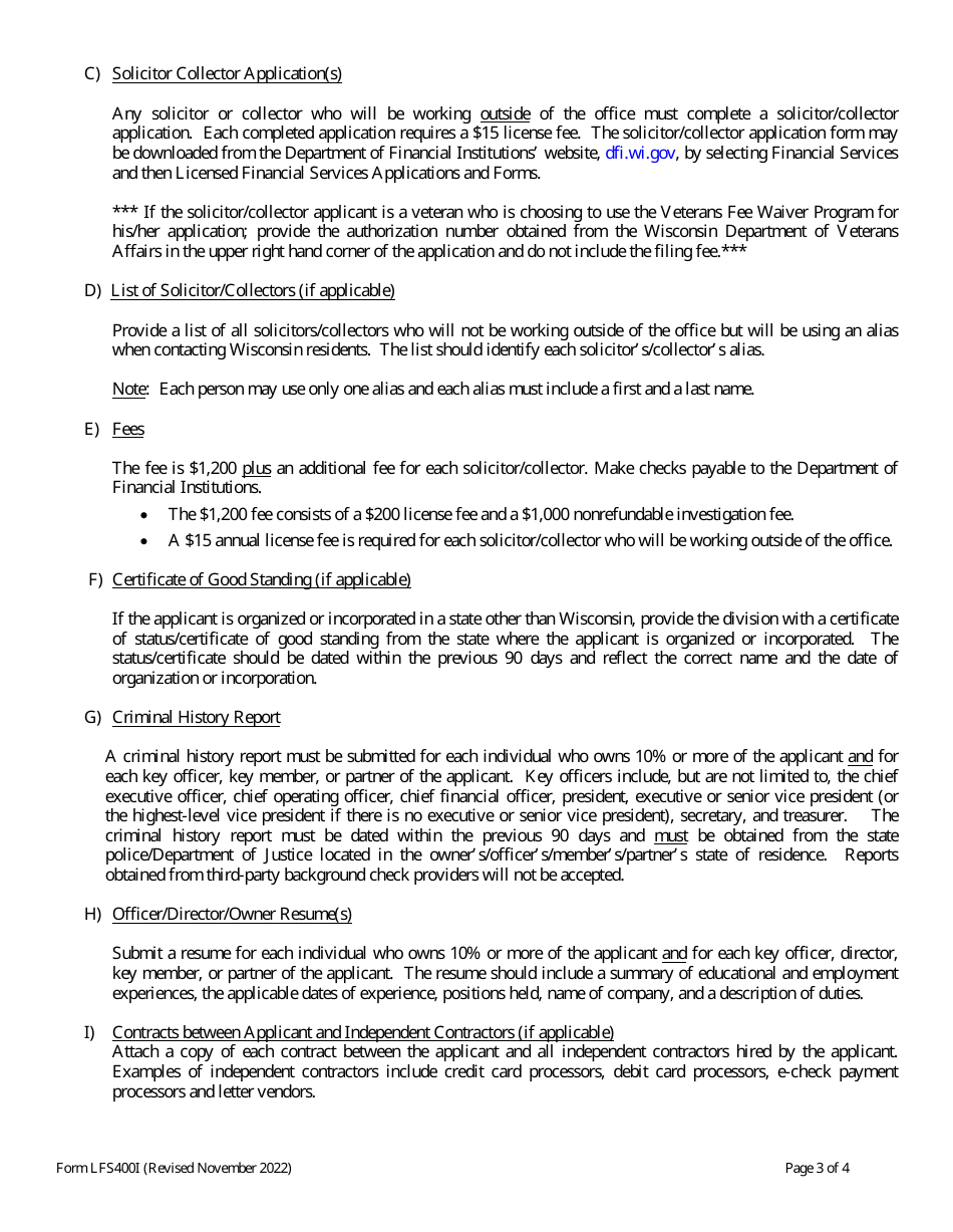 Form LFS400 Collection Agency License Application - Wisconsin, Page 3