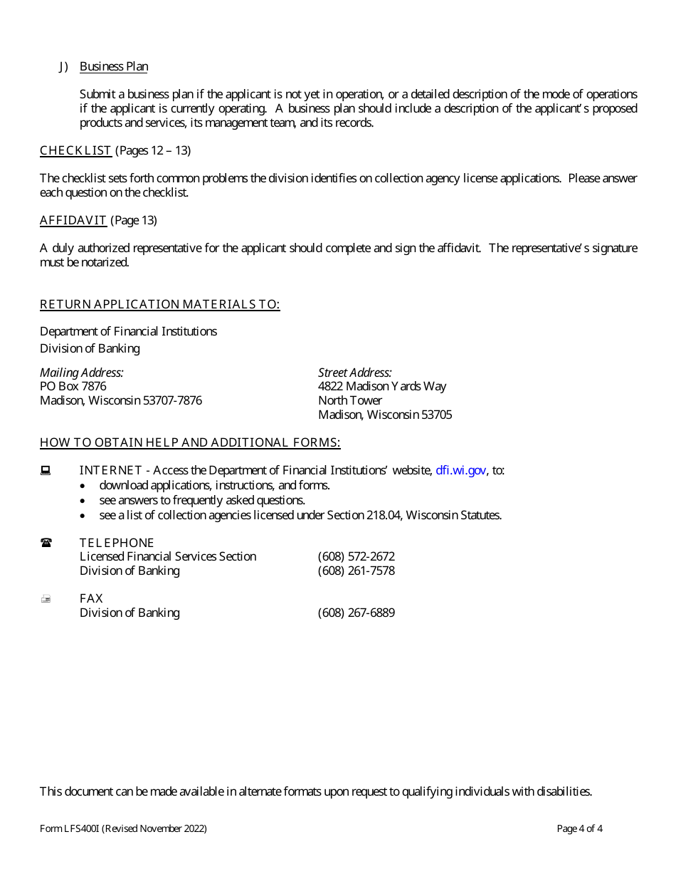 Form LFS400 Collection Agency License Application - Wisconsin, Page 4