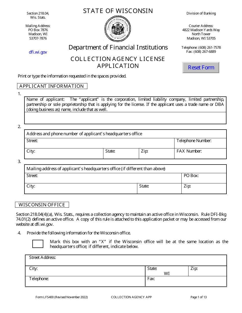 Form LFS400 Collection Agency License Application - Wisconsin, Page 5