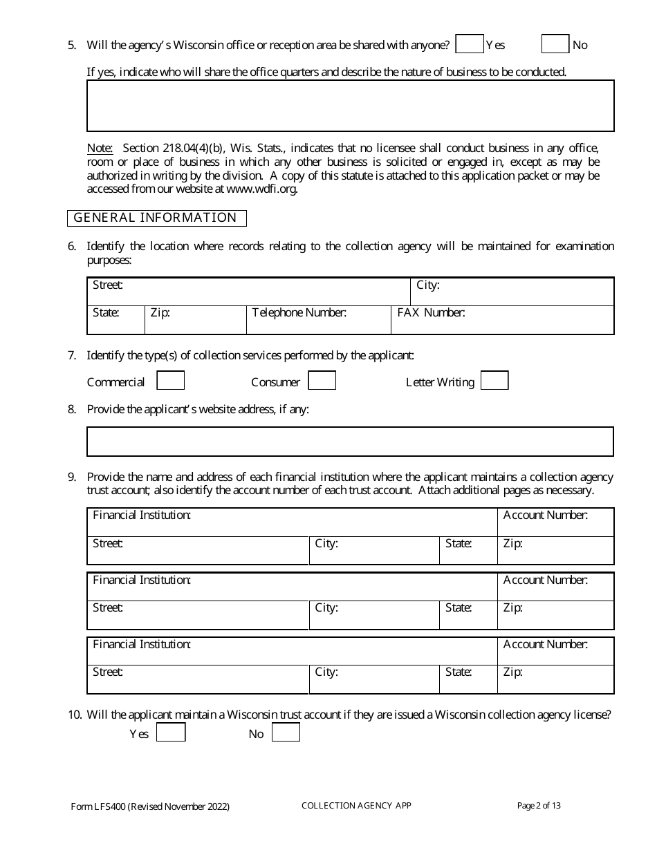 Form LFS400 Collection Agency License Application - Wisconsin, Page 6