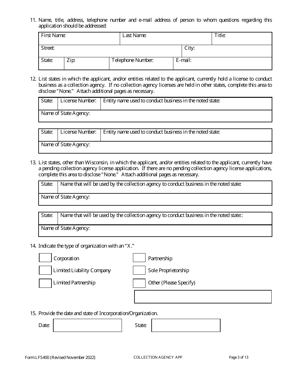 Form LFS400 Collection Agency License Application - Wisconsin, Page 7