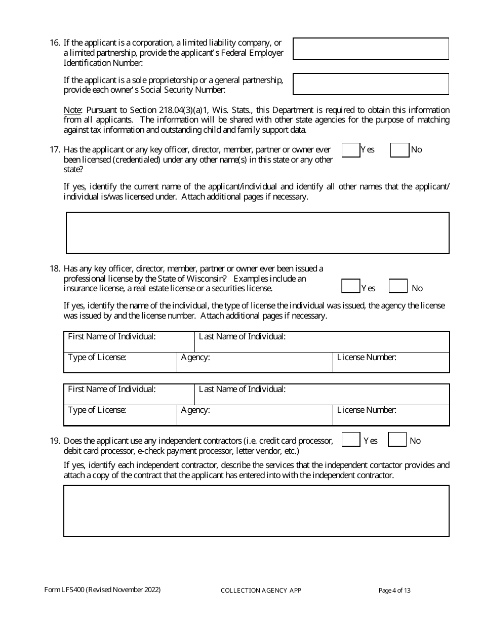 Form LFS400 Collection Agency License Application - Wisconsin, Page 8