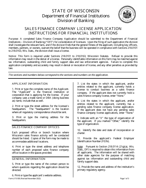 Form LFS100 Sales Finance Company Application for Financial Institutions - Wisconsin