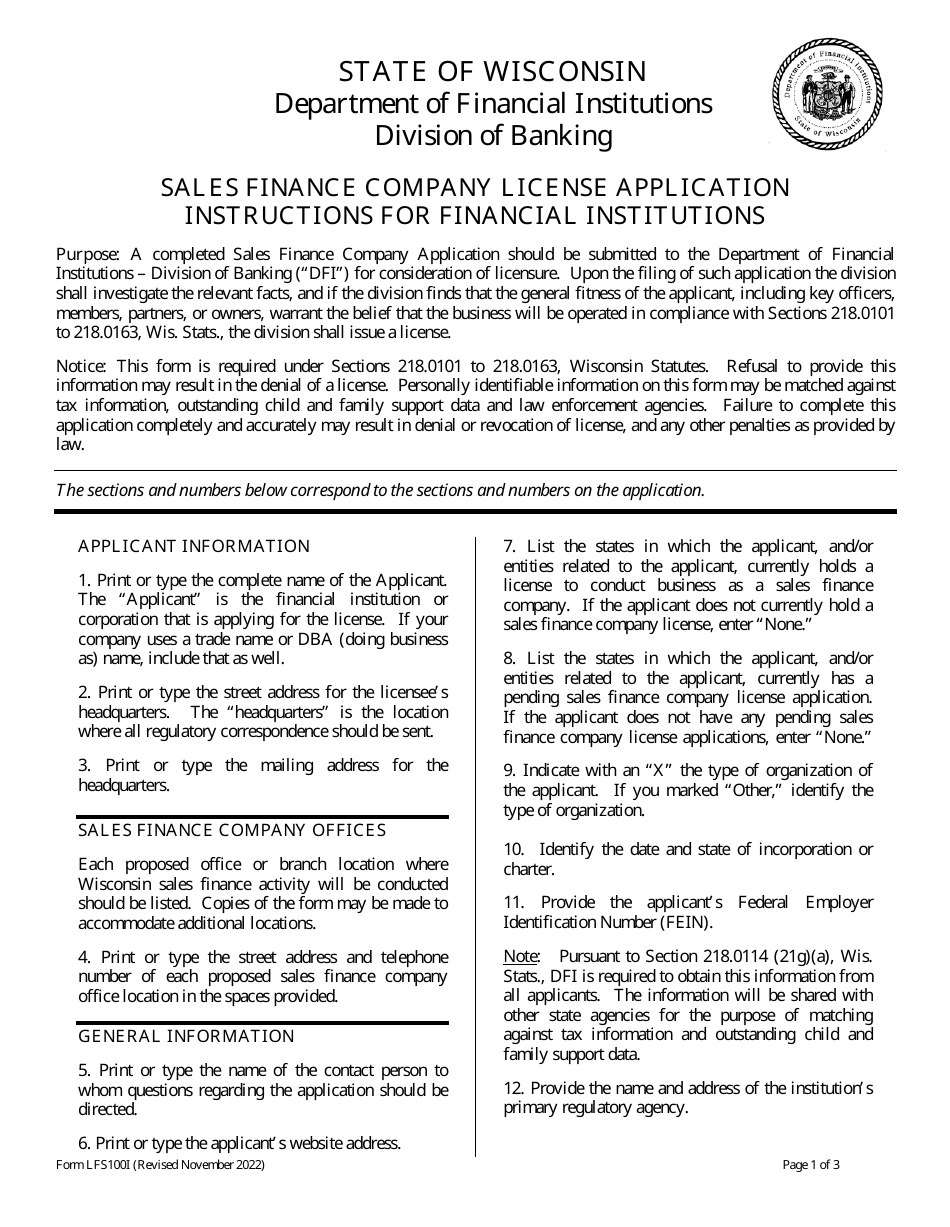 Form LFS100 Sales Finance Company Application for Financial Institutions - Wisconsin, Page 1