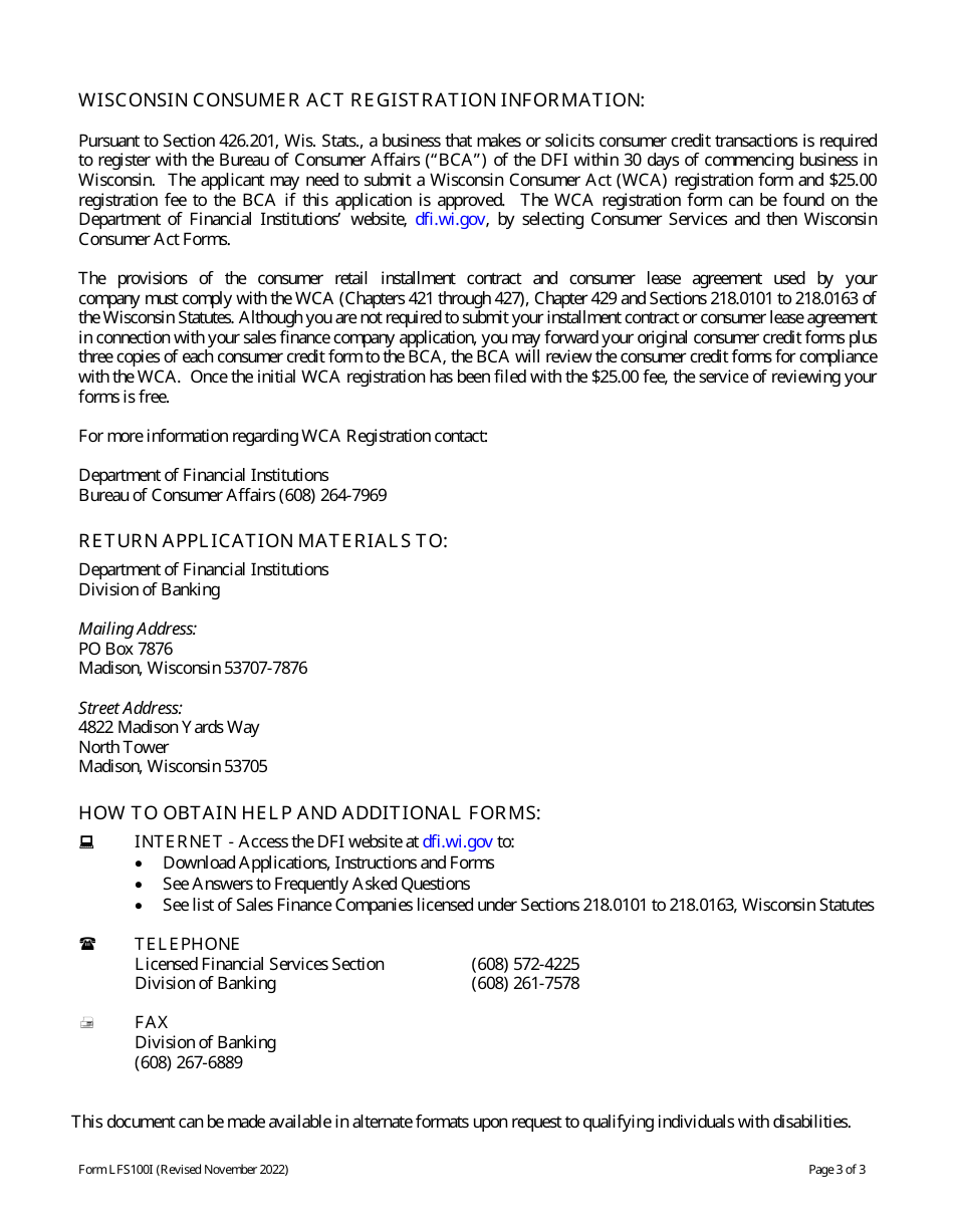 Form LFS100 Sales Finance Company Application for Financial Institutions - Wisconsin, Page 3