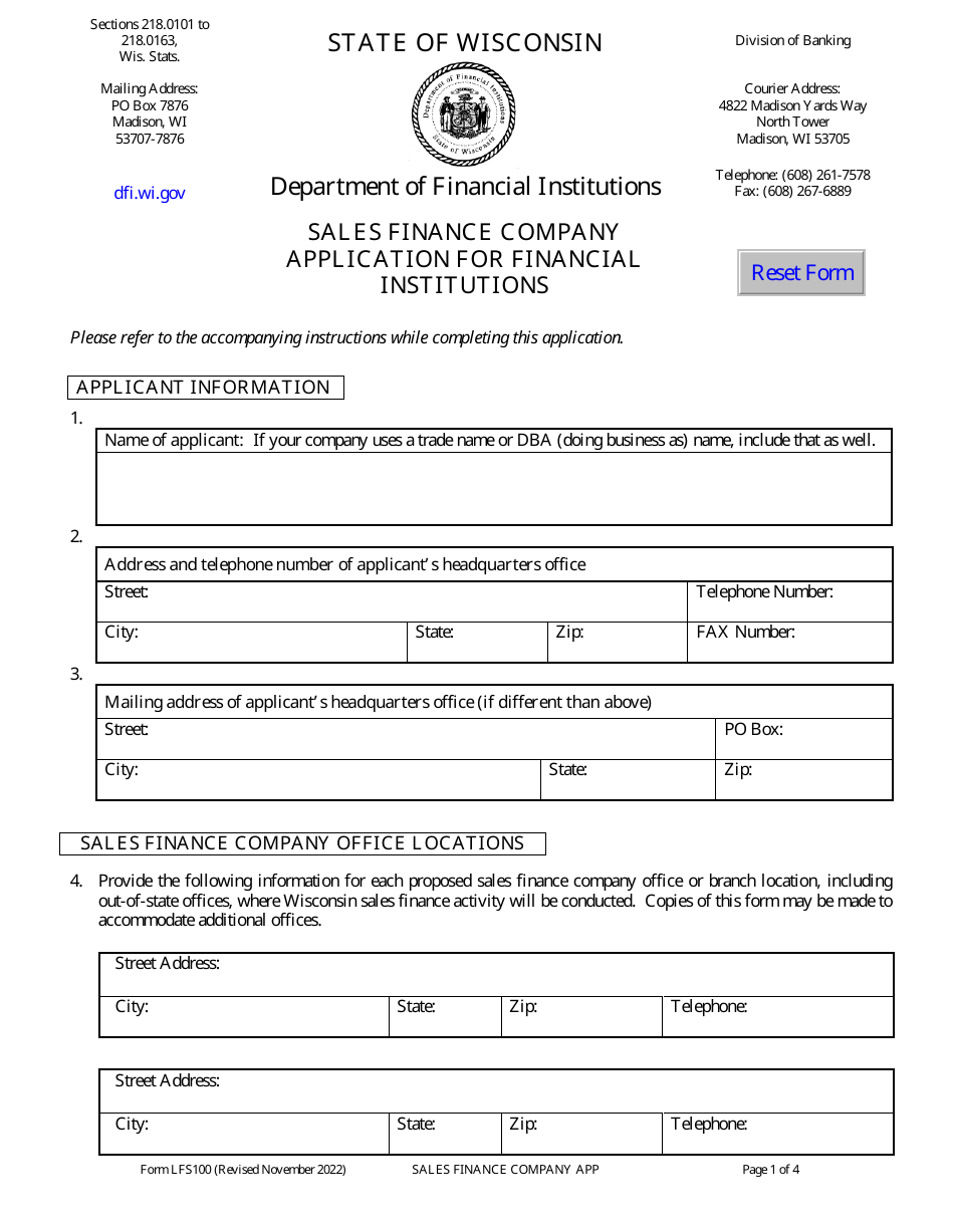 Form LFS100 Sales Finance Company Application for Financial Institutions - Wisconsin, Page 4
