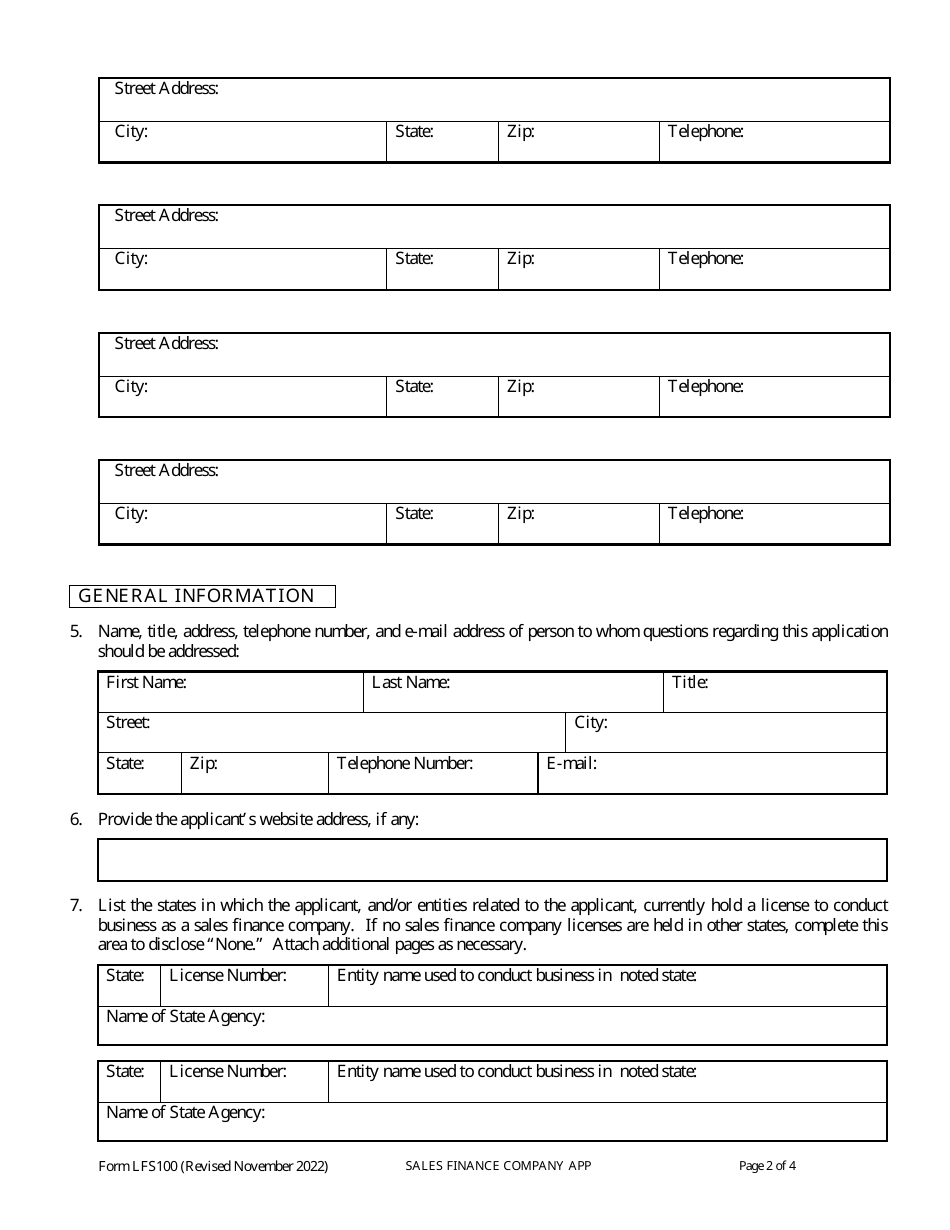 Form LFS100 Sales Finance Company Application for Financial Institutions - Wisconsin, Page 5