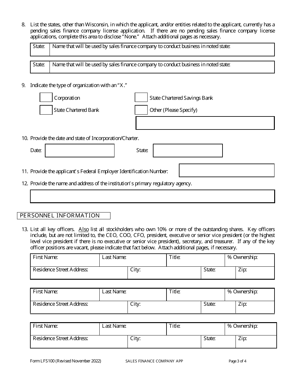 Form LFS100 Sales Finance Company Application for Financial Institutions - Wisconsin, Page 6