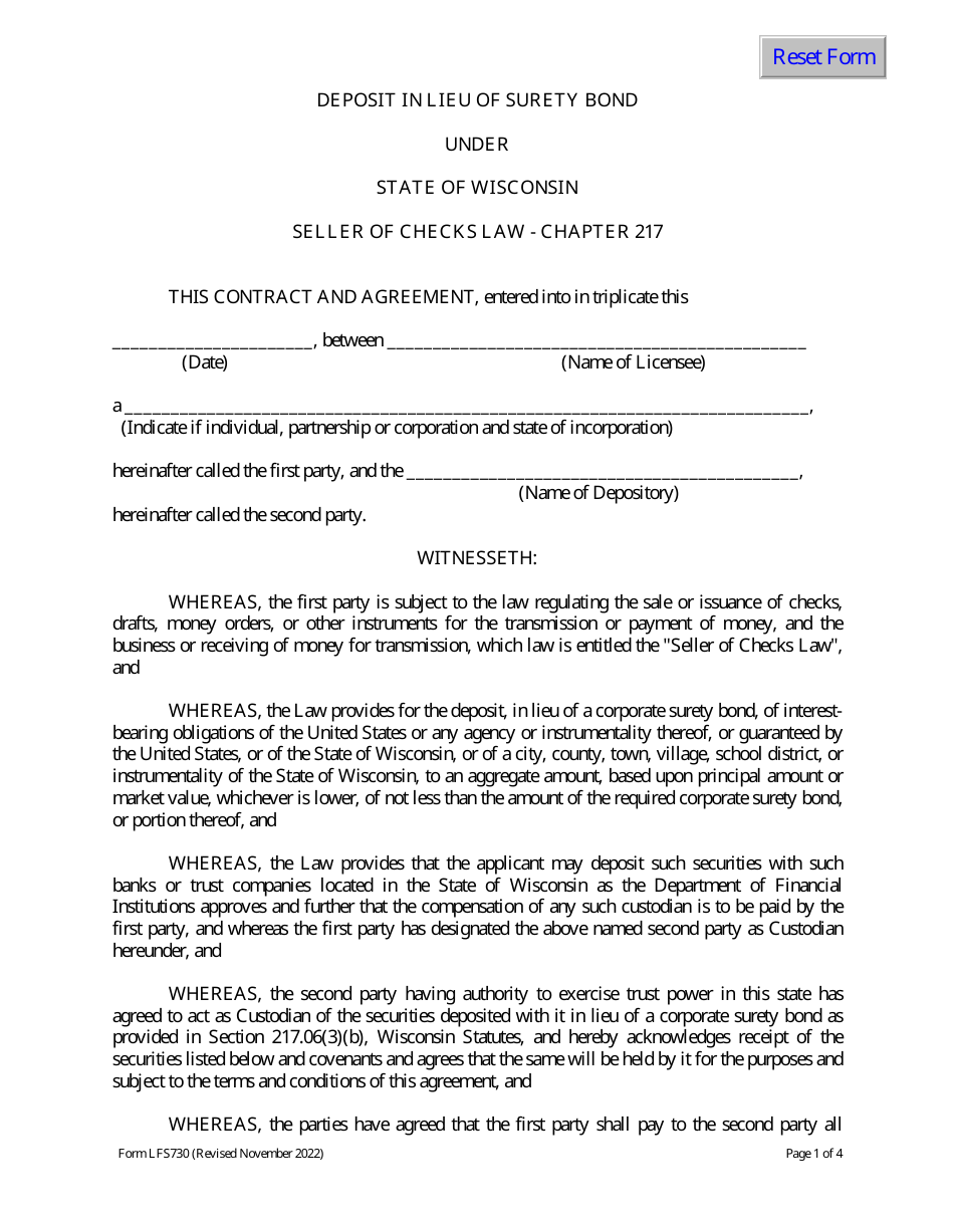Form LFS730 Deposit in Lieu of Surety Bond Under State of Wisconsin Seller of Checks Law - Chapter 217 - Wisconsin, Page 1