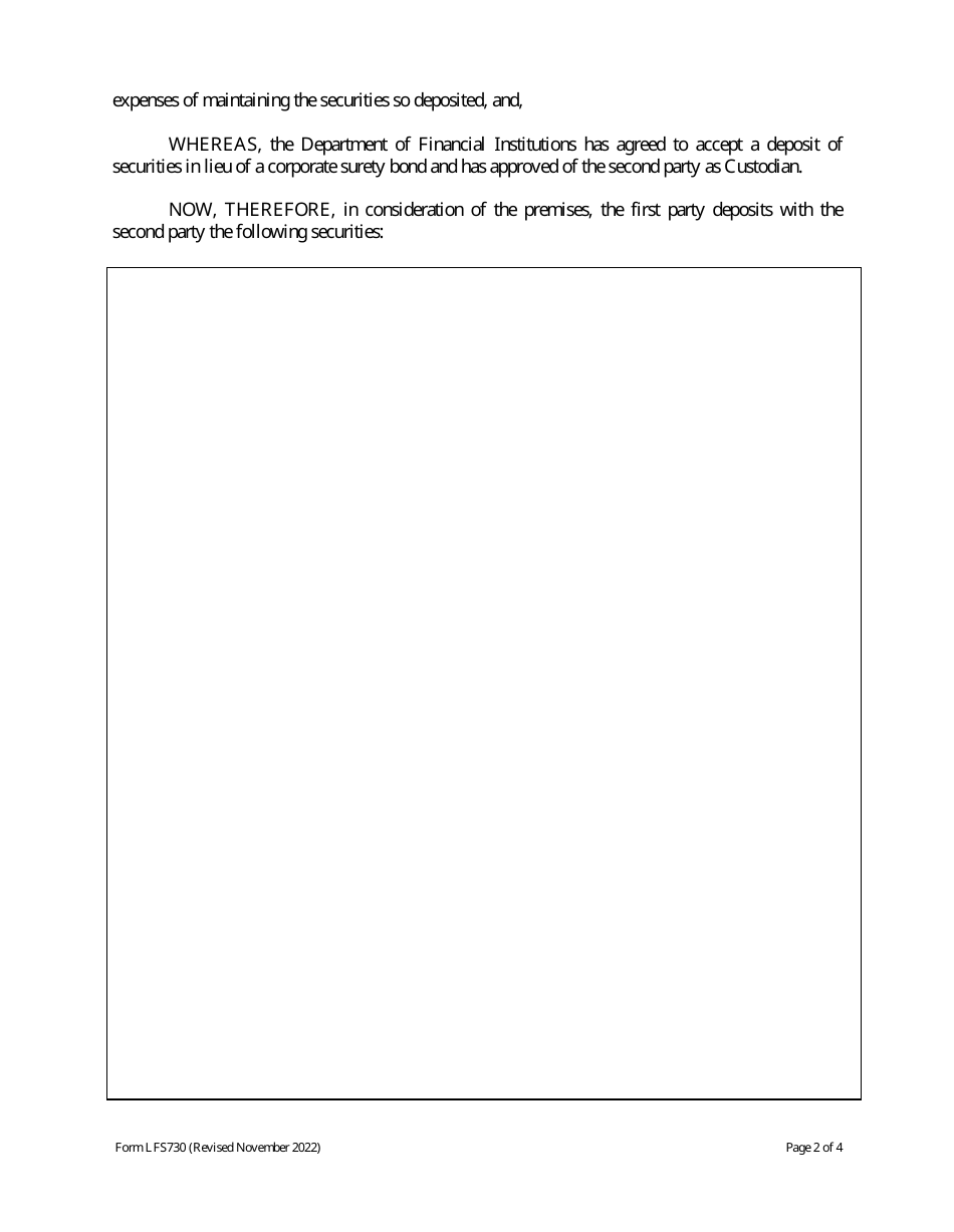 Form LFS730 Deposit in Lieu of Surety Bond Under State of Wisconsin Seller of Checks Law - Chapter 217 - Wisconsin, Page 2