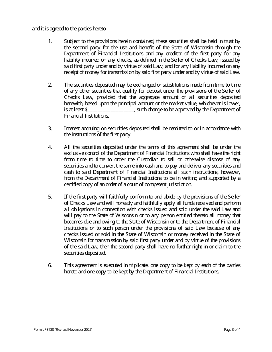Form LFS730 Deposit in Lieu of Surety Bond Under State of Wisconsin Seller of Checks Law - Chapter 217 - Wisconsin, Page 3