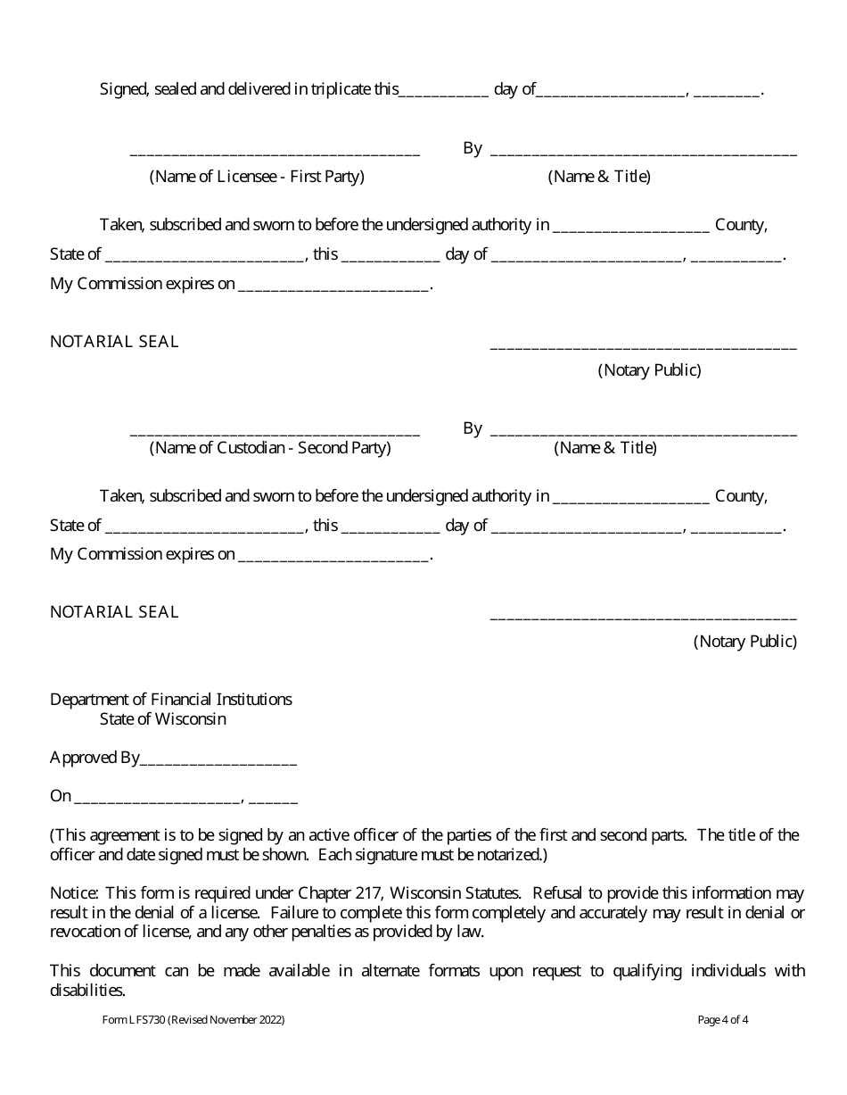 Form LFS730 Deposit in Lieu of Surety Bond Under State of Wisconsin Seller of Checks Law - Chapter 217 - Wisconsin, Page 4