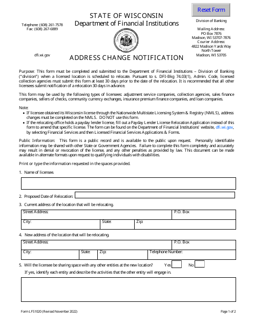 Form LFS1020  Printable Pdf