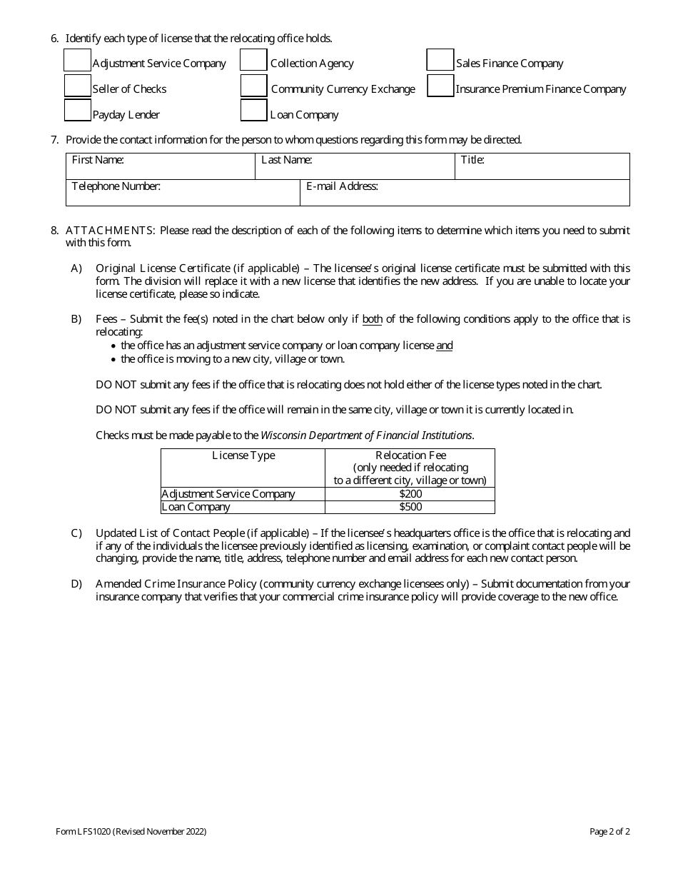 Form LFS1020 Address Change Notification - Wisconsin, Page 2