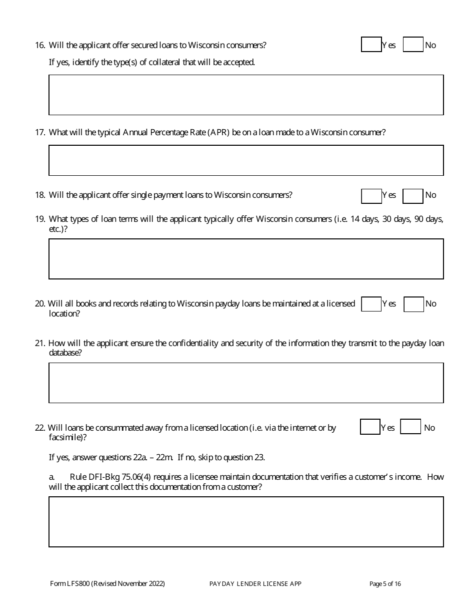 Form LFS800 Payday Lender License Application - Wisconsin, Page 10