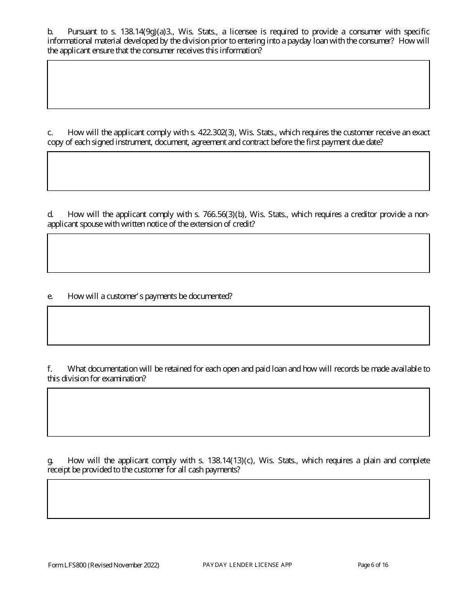 Form LFS800 Payday Lender License Application - Wisconsin, Page 11