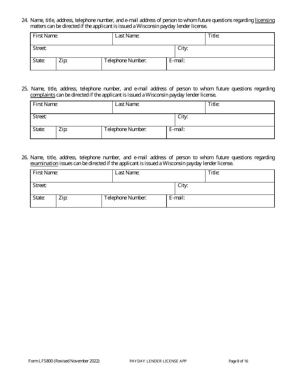 Form LFS800 Payday Lender License Application - Wisconsin, Page 13