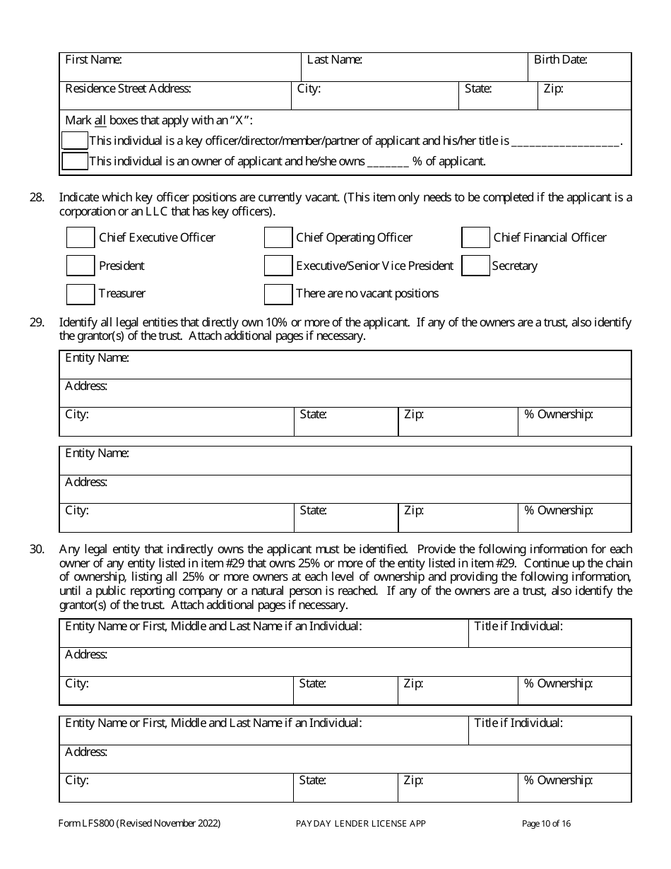 Form LFS800 Payday Lender License Application - Wisconsin, Page 15
