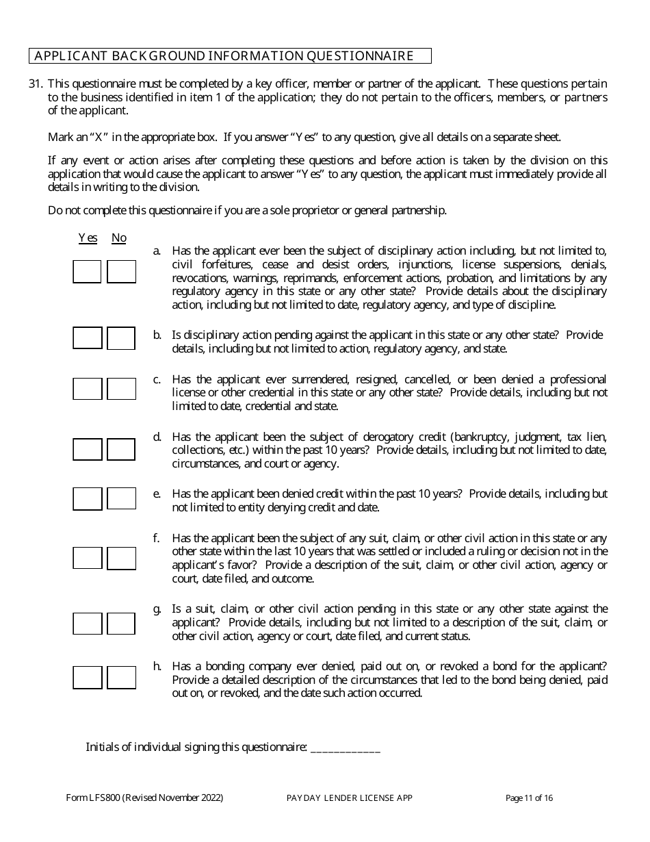 Form LFS800 Payday Lender License Application - Wisconsin, Page 16