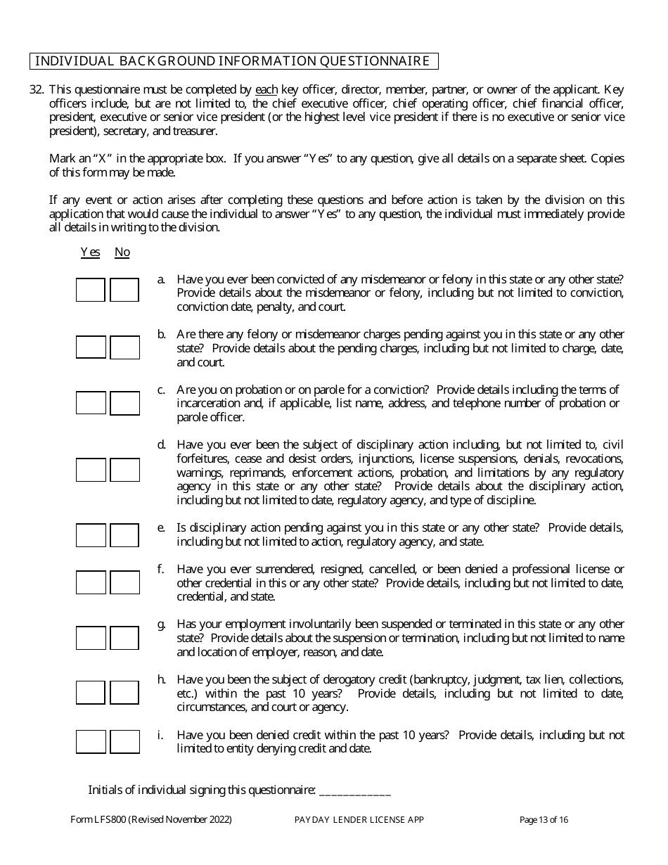 Form LFS800 Payday Lender License Application - Wisconsin, Page 18