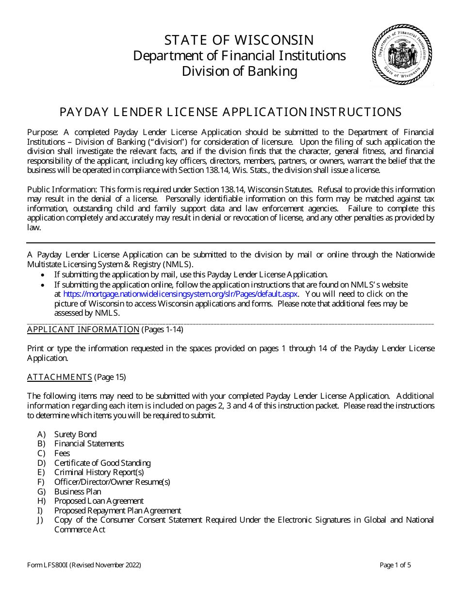 Form LFS800 Payday Lender License Application - Wisconsin, Page 1