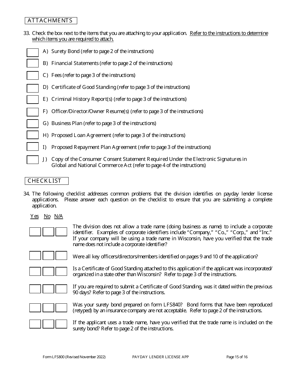 Form LFS800 Payday Lender License Application - Wisconsin, Page 20