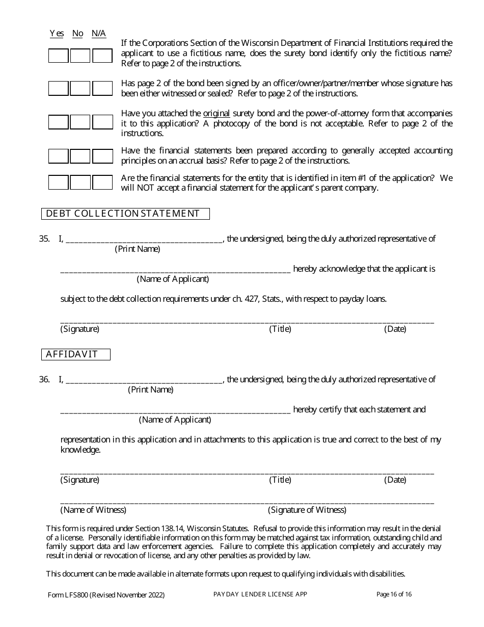 Form LFS800 Payday Lender License Application - Wisconsin, Page 21