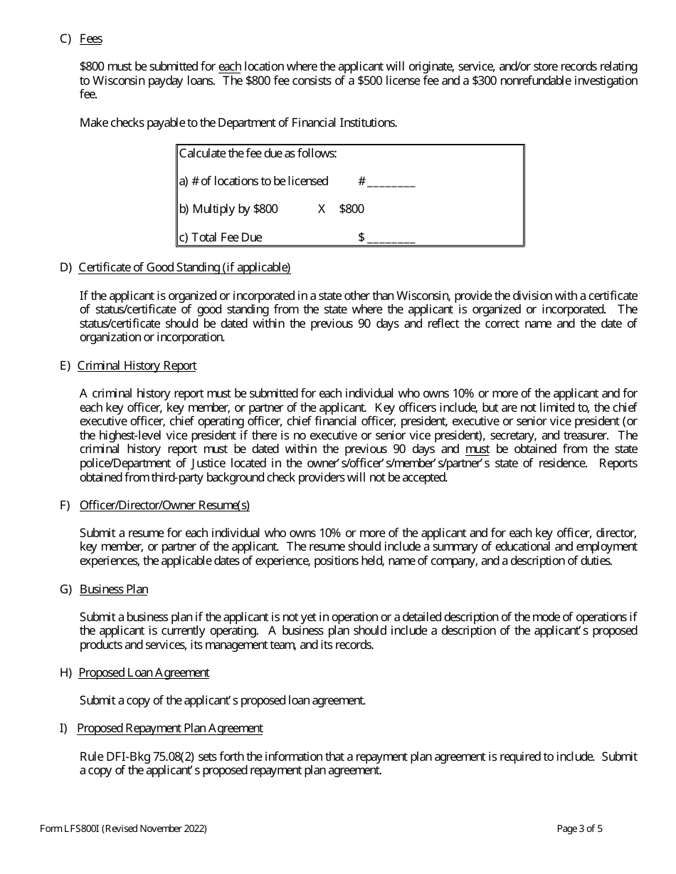 Form LFS800 Payday Lender License Application - Wisconsin, Page 3