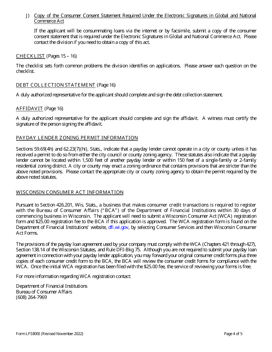 Form LFS800 Payday Lender License Application - Wisconsin, Page 4