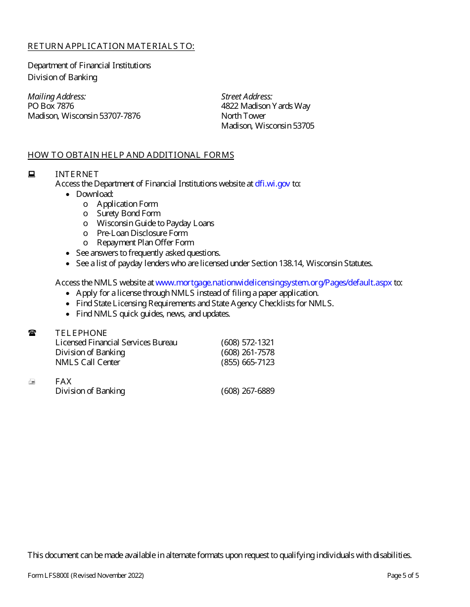 Form LFS800 Payday Lender License Application - Wisconsin, Page 5