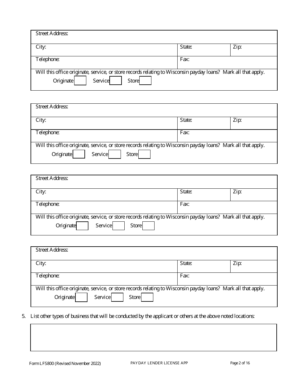 Form LFS800 Payday Lender License Application - Wisconsin, Page 7
