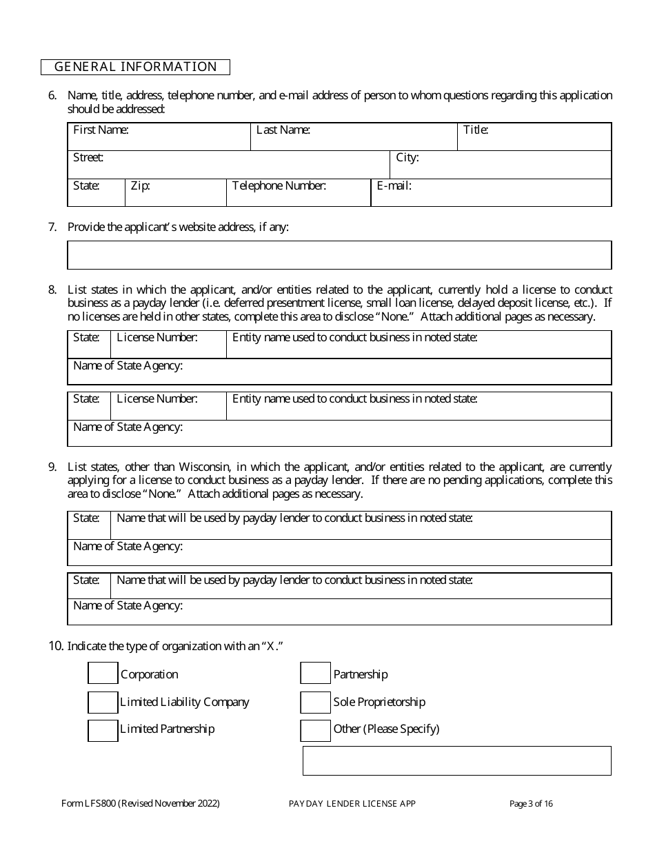 Form LFS800 Payday Lender License Application - Wisconsin, Page 8